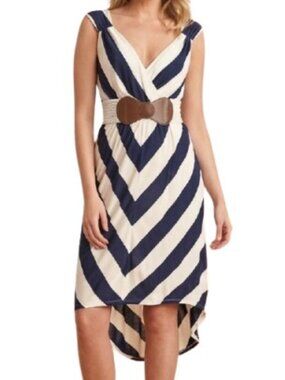 Remain NWT Navy Cream Chevron High Low Surplice Dress Belted Boho Resort Size L